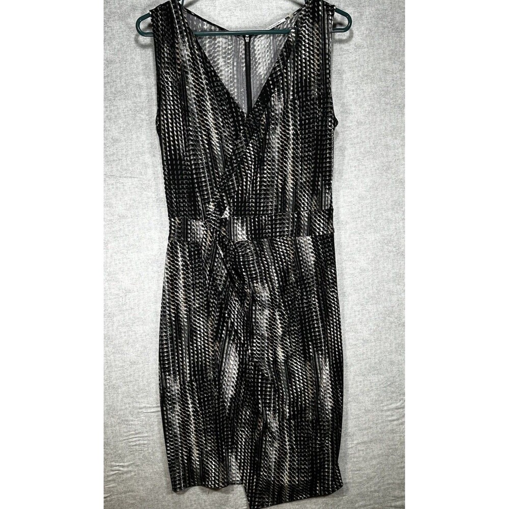T Tahari Faux Wrap Dress Women's 4 Black Animal Print Sheath Stretch Sleeveless
